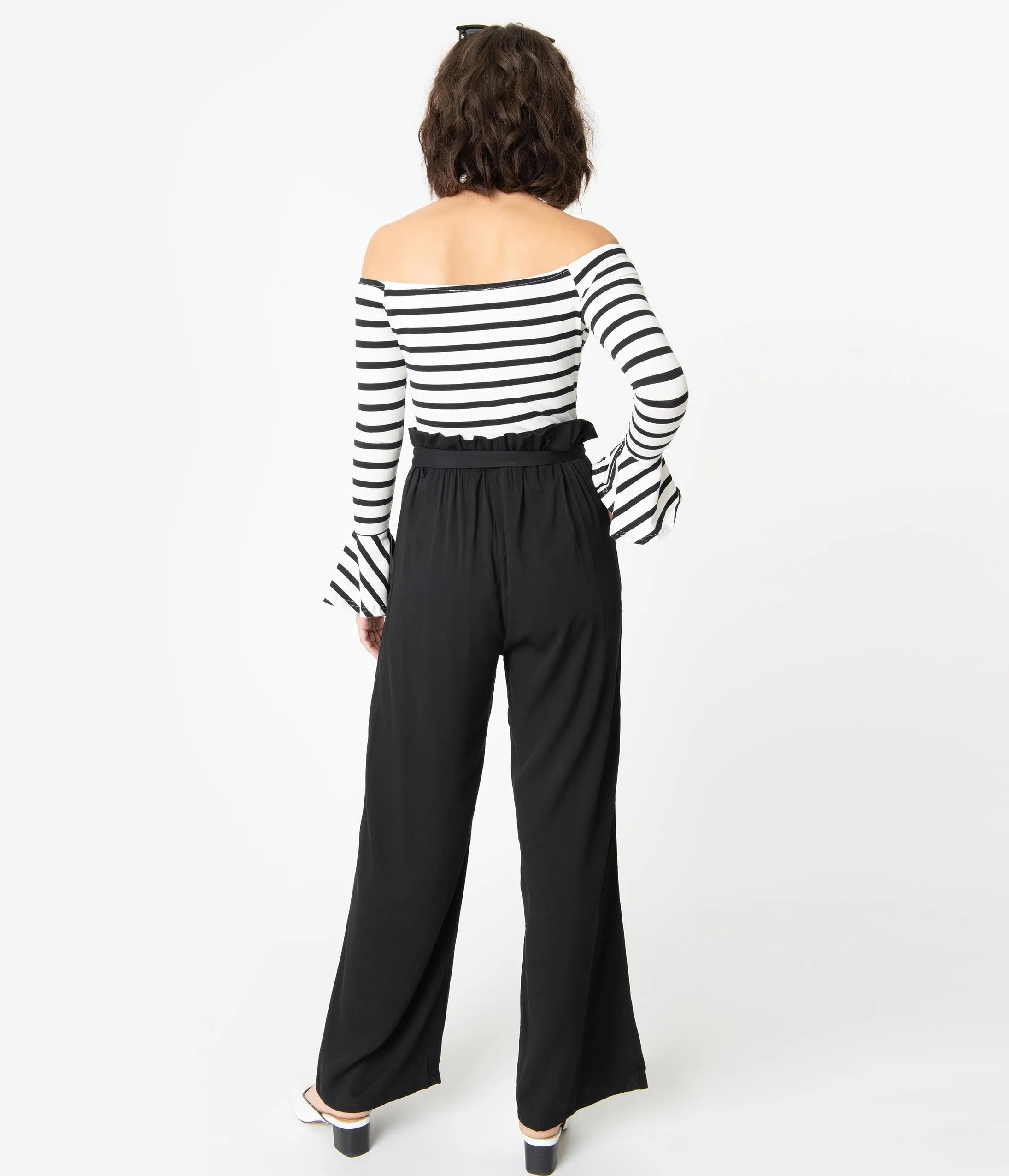 1970s Style Black & White Stripe Colorblock Jumpsuit