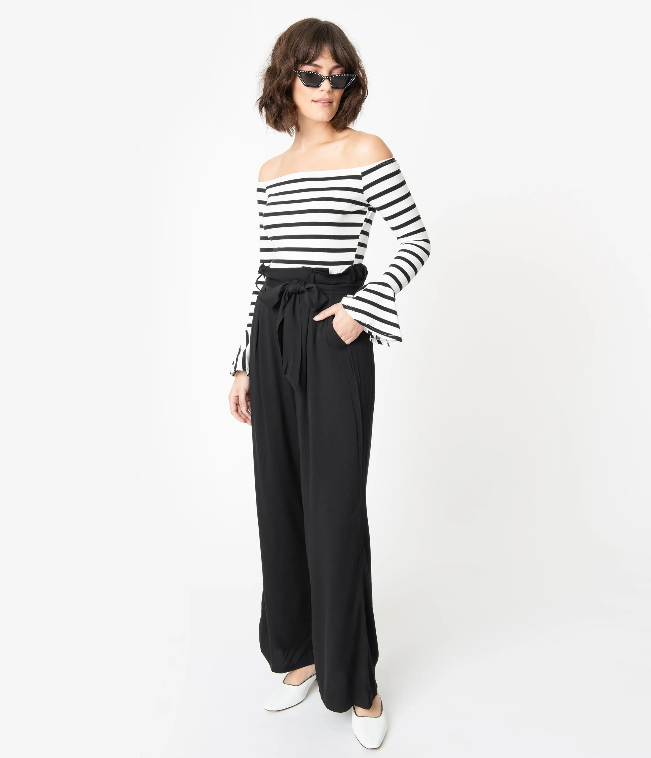 1970s Style Black & White Stripe Colorblock Jumpsuit