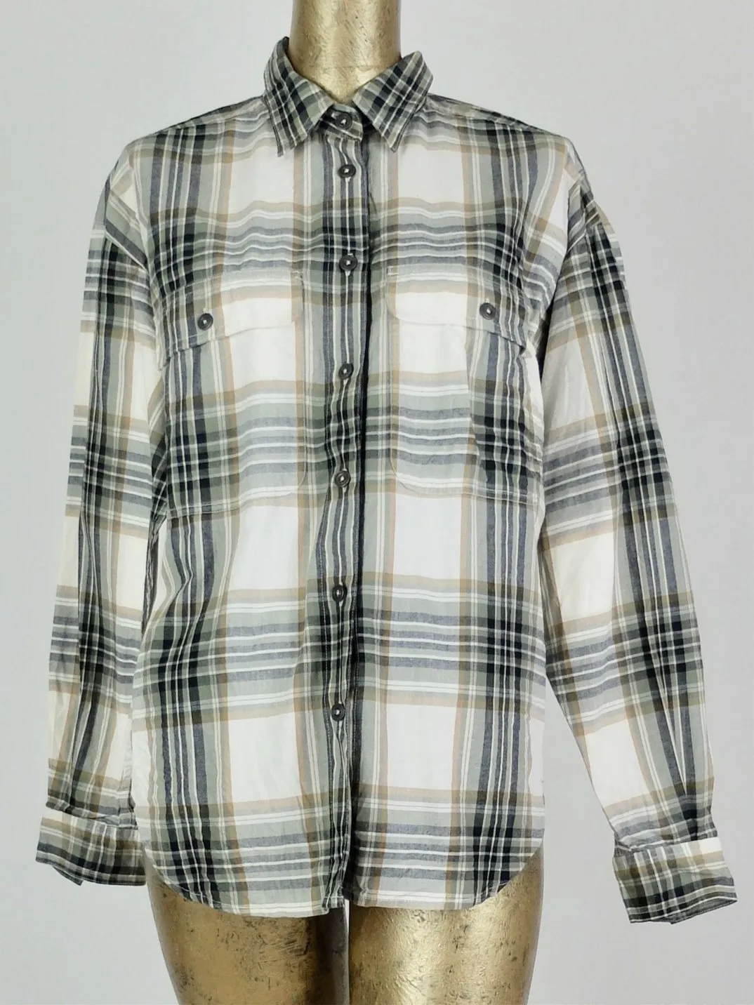 80s Western Check Print Long Sleeve Collared Button Up Shirt