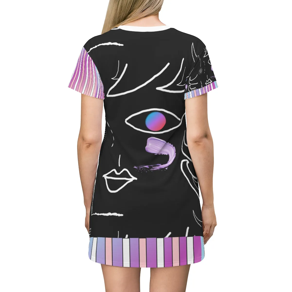 All Over Print T-Shirt Dress FACE DOODLES & CANDY STRIPES