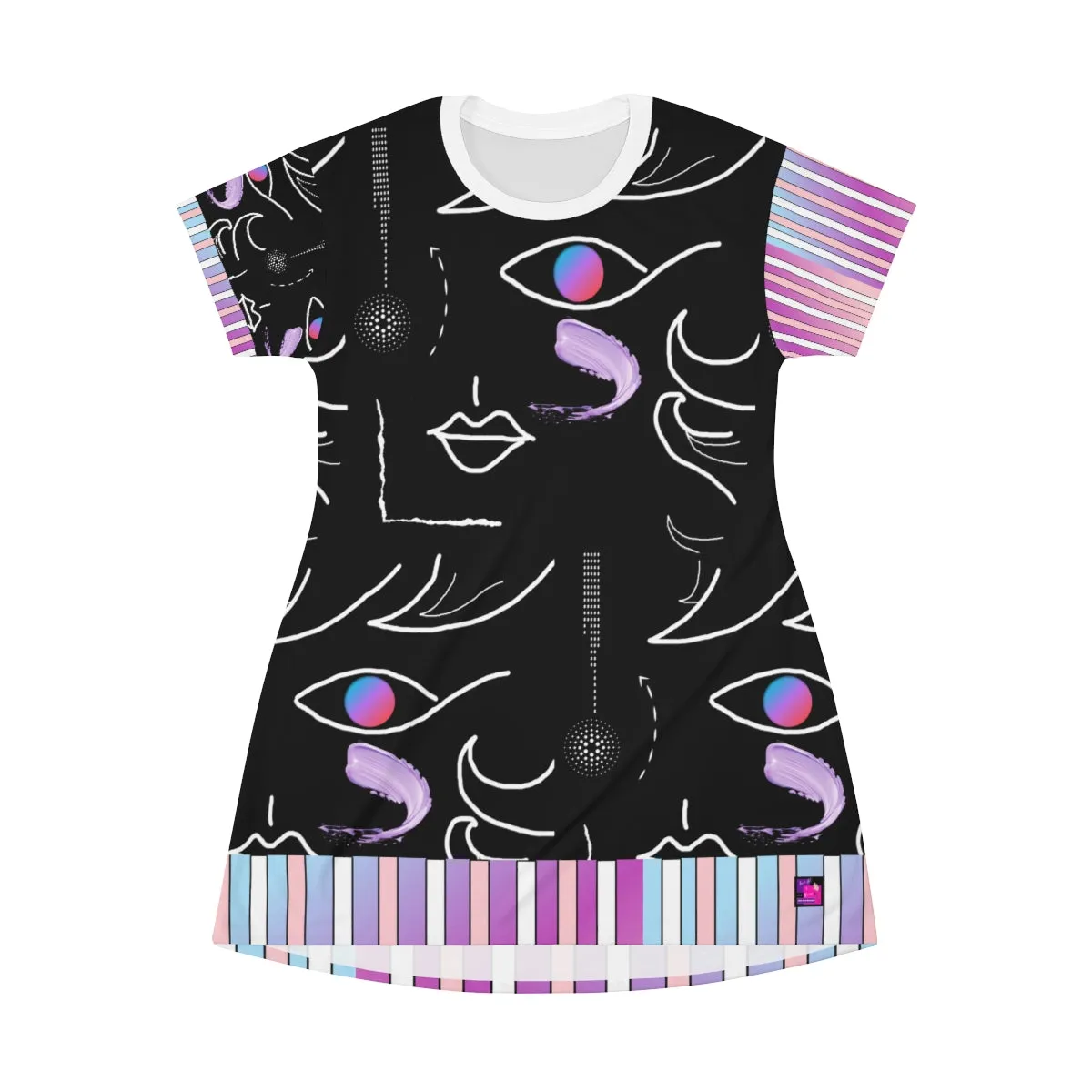 All Over Print T-Shirt Dress FACE DOODLES & CANDY STRIPES