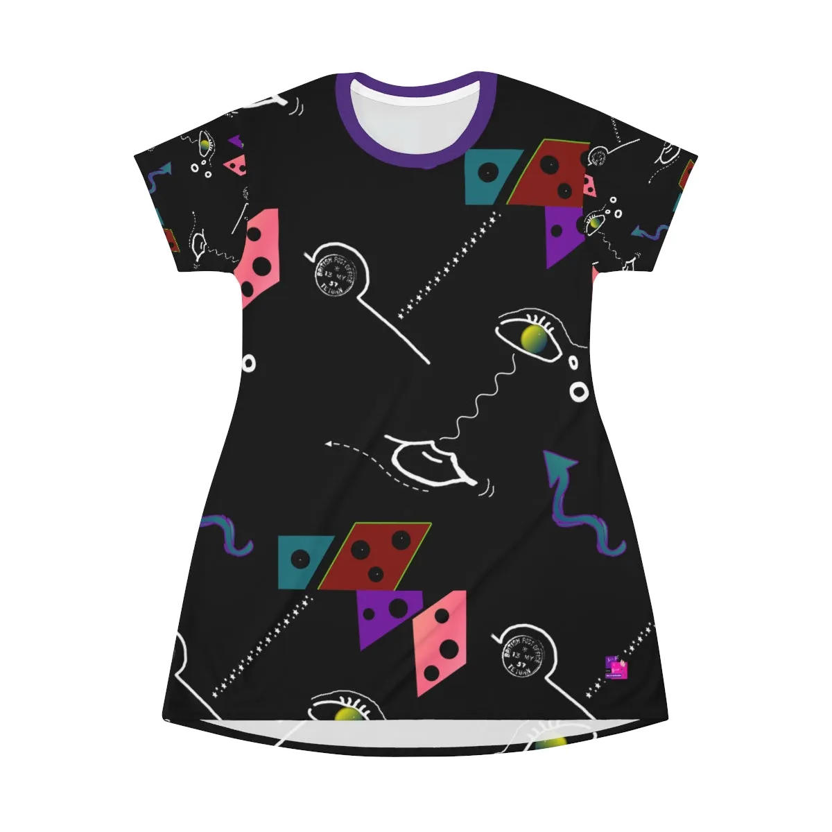 All Over Print T-Shirt Dress FACE DOODLES PURPLE