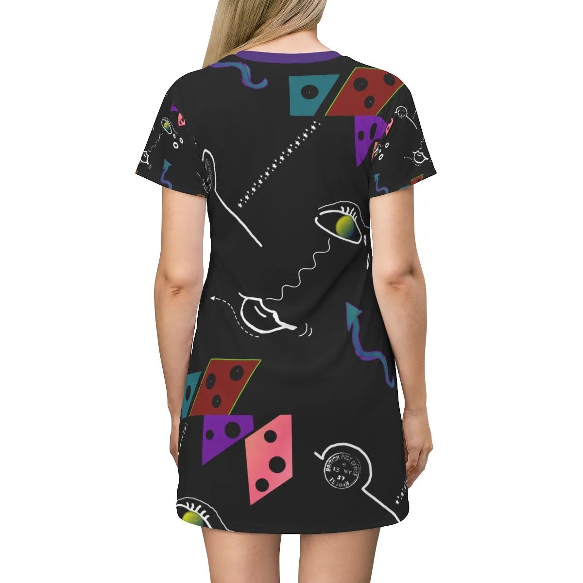 All Over Print T-Shirt Dress FACE DOODLES PURPLE