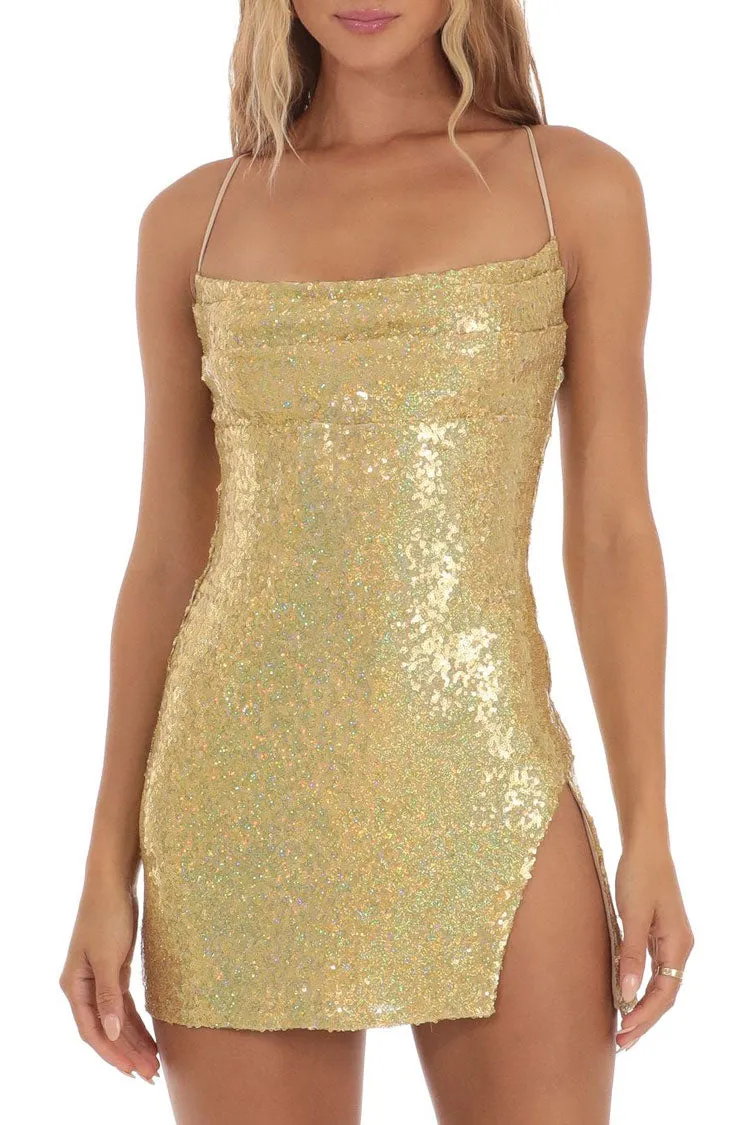 Amozae-hoco dresses -Sparkly Pleated Trim Sleeveless Slit Bodycon Sequin Party Mini Dress - Gold