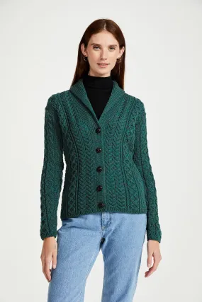 Aran - Shawl Collar Cardigan with Buttons - Connemara green