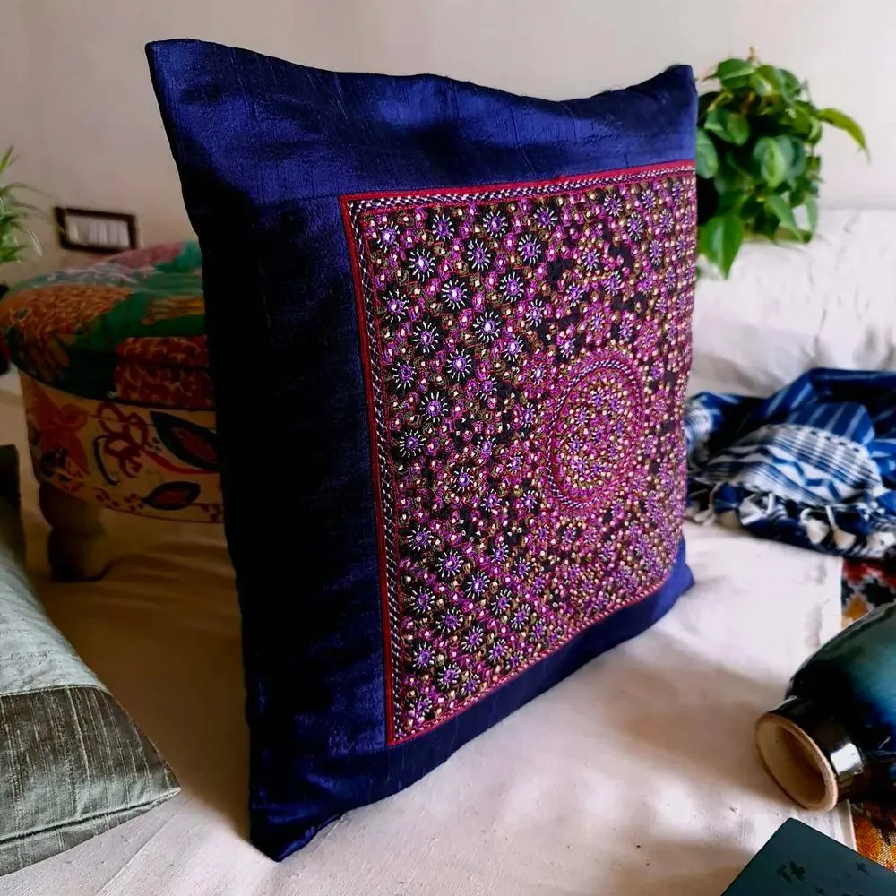 Aubergine Finely Embroidered Silk Cushion Cover