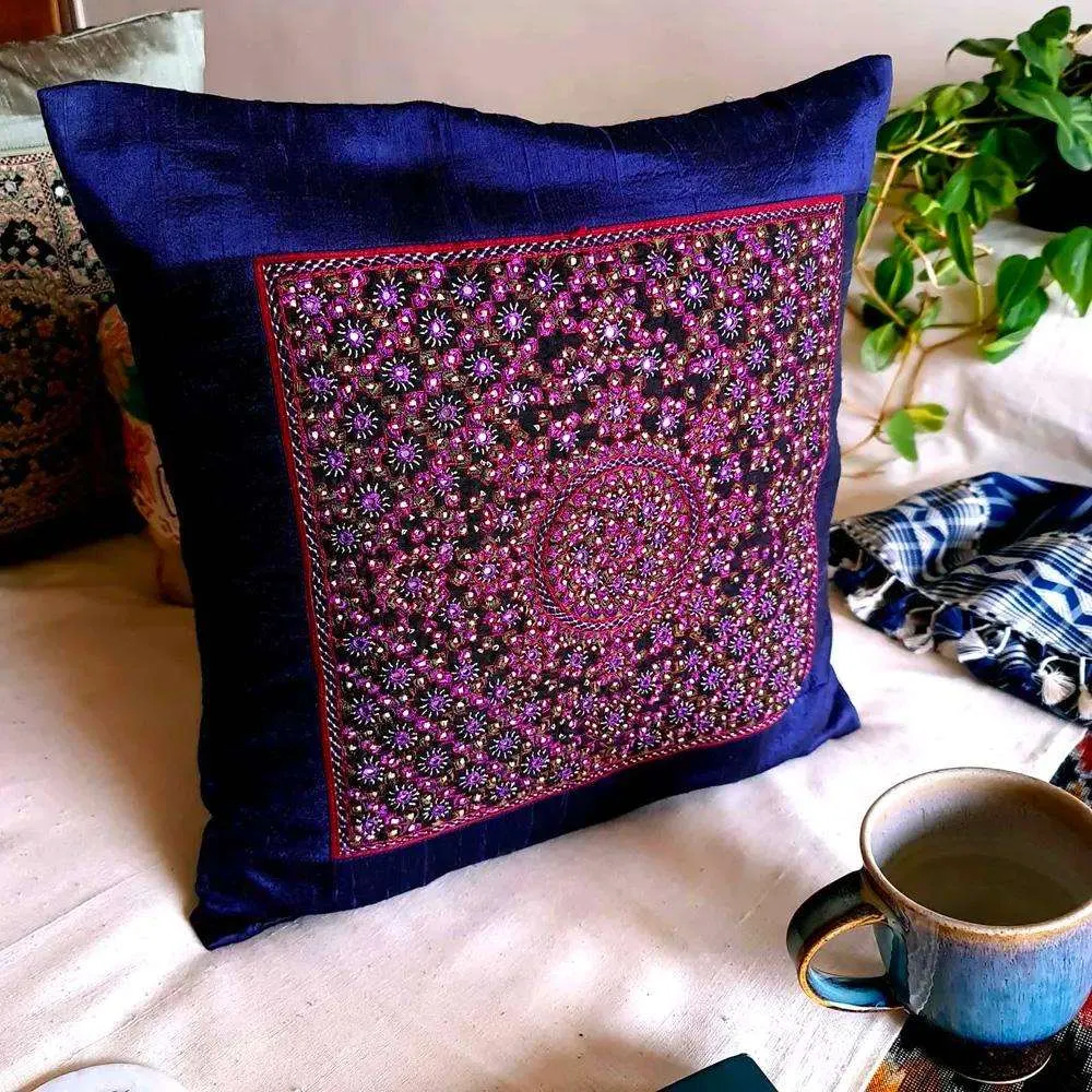 Aubergine Finely Embroidered Silk Cushion Cover