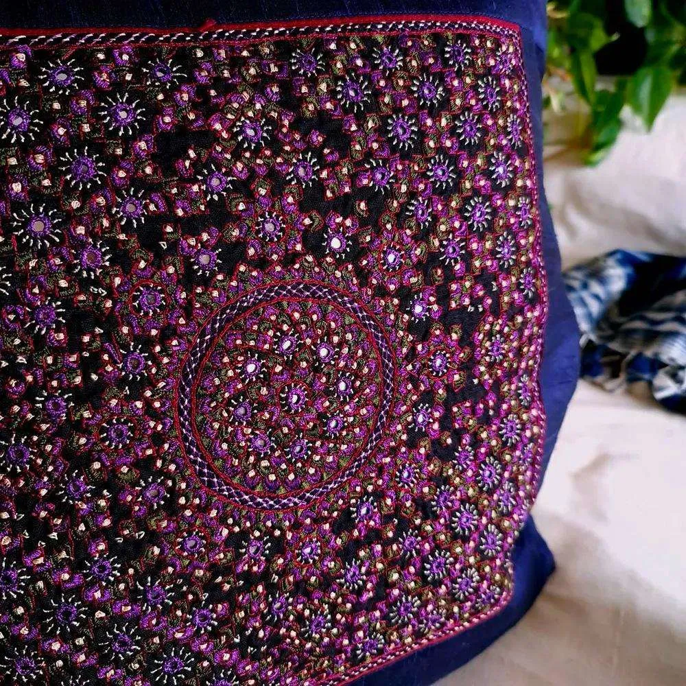 Aubergine Finely Embroidered Silk Cushion Cover