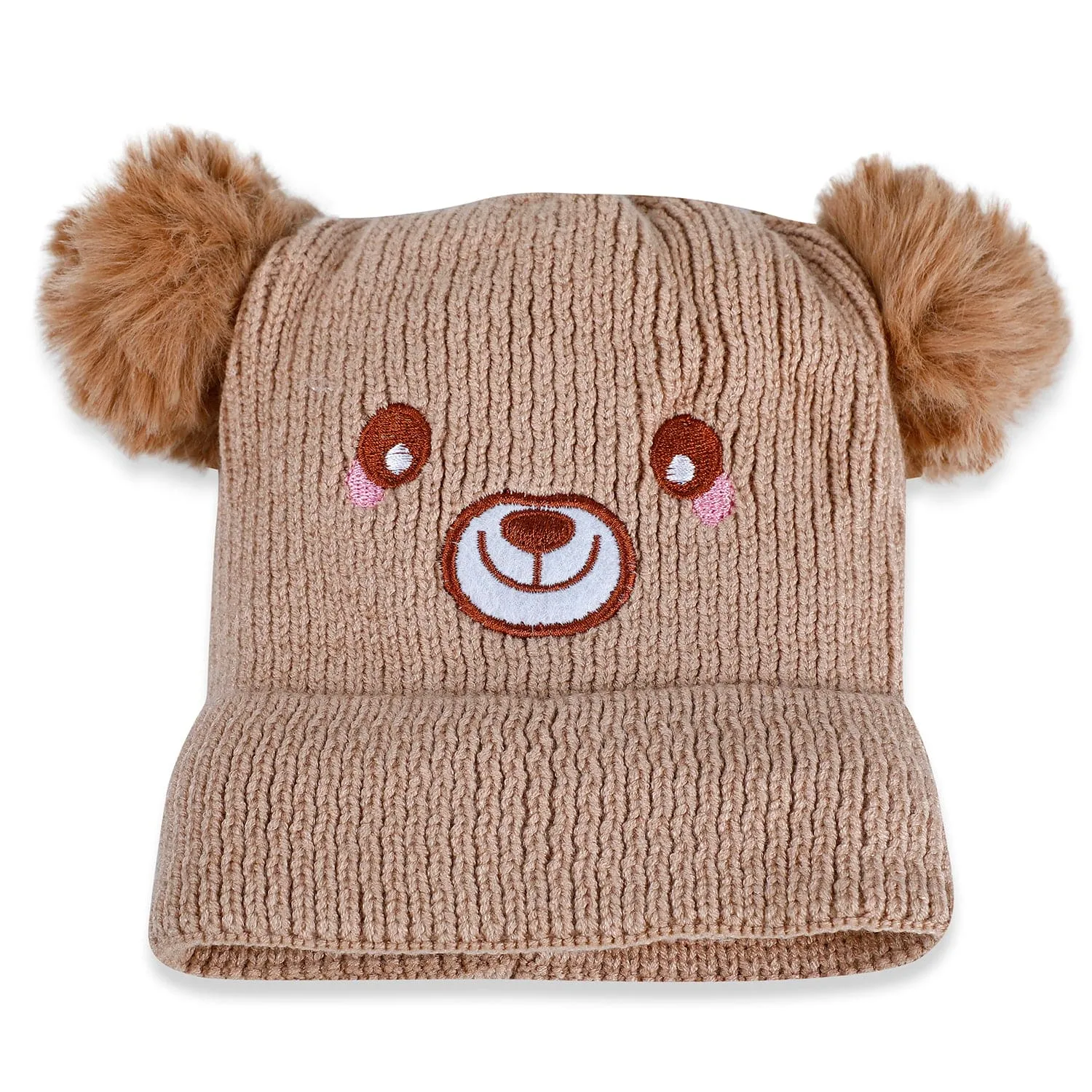 Baby Moo Bear Pom Pom Breathable Beanie Warm Knitted Woollen Cap - Tan