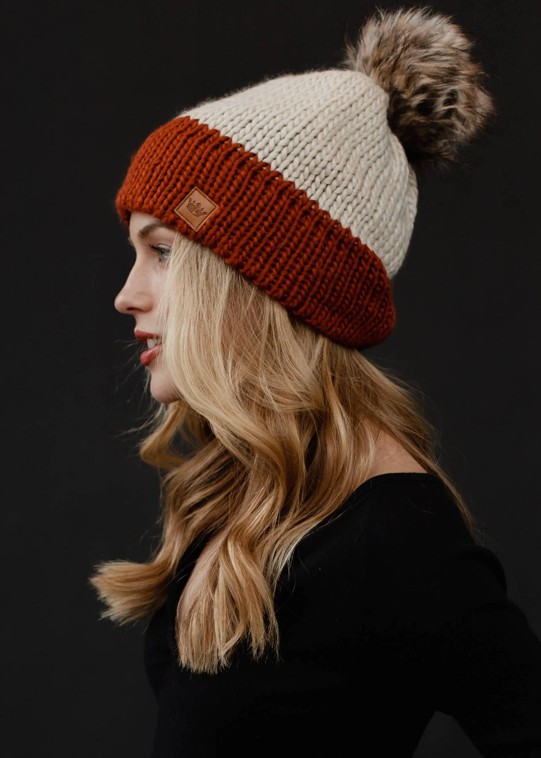 Beige & Rust Color Block Pom Hat