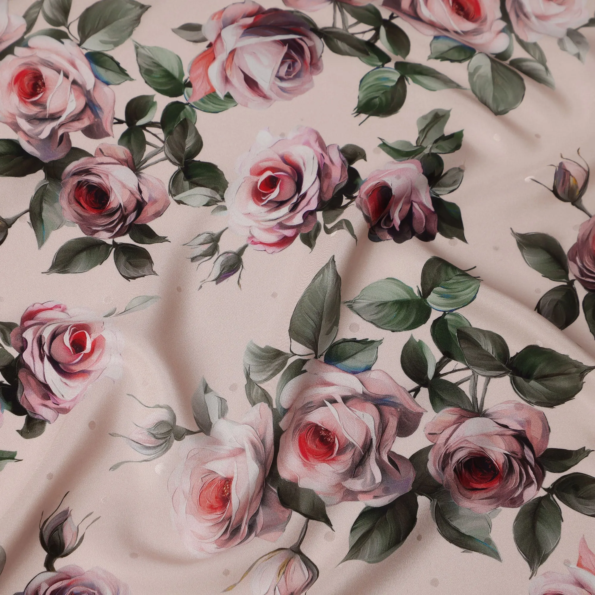 Beige and Pink Rose Print Pure Silk Satin Fabric, 140 cm Width, Made in Italy -D21173