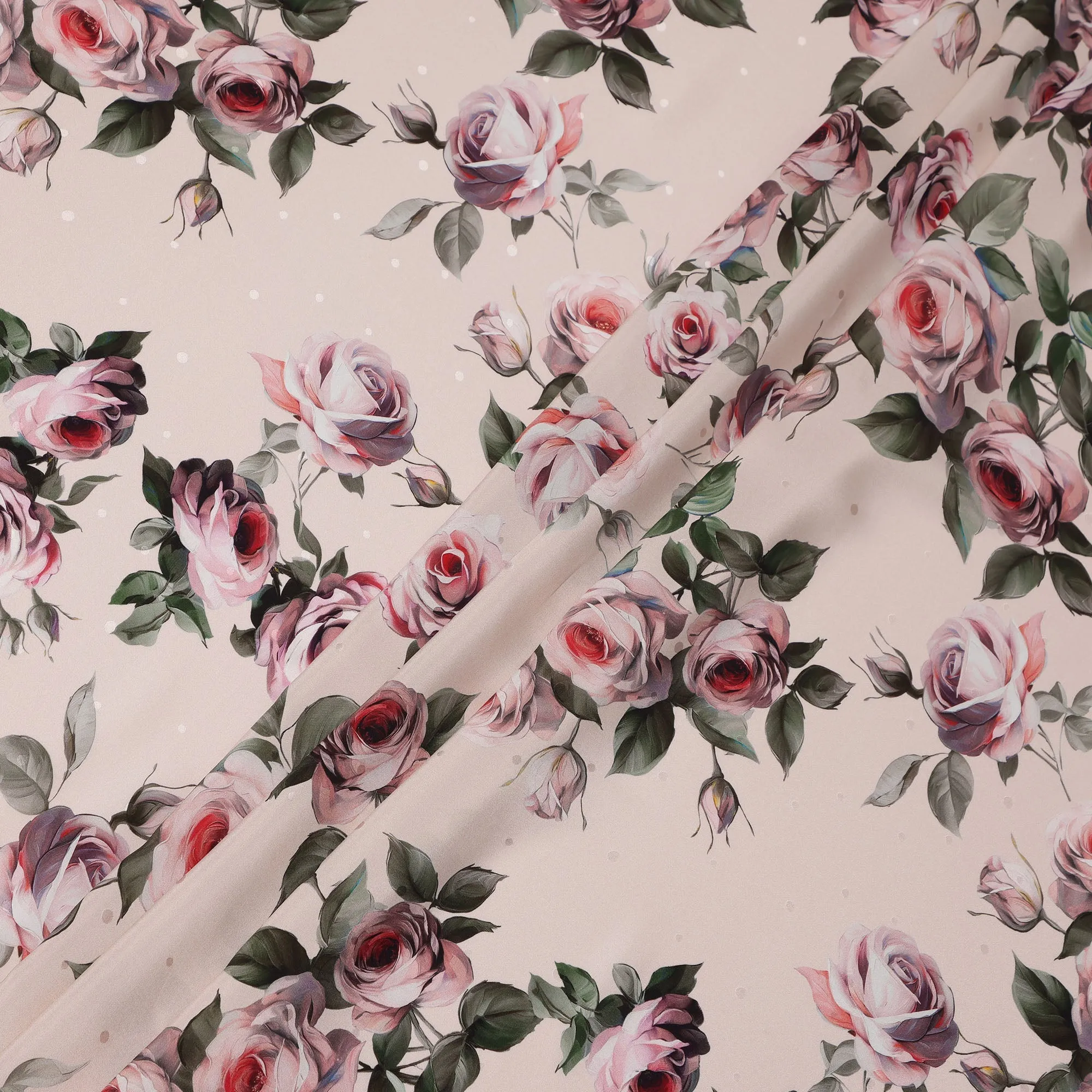 Beige and Pink Rose Print Pure Silk Satin Fabric, 140 cm Width, Made in Italy -D21173