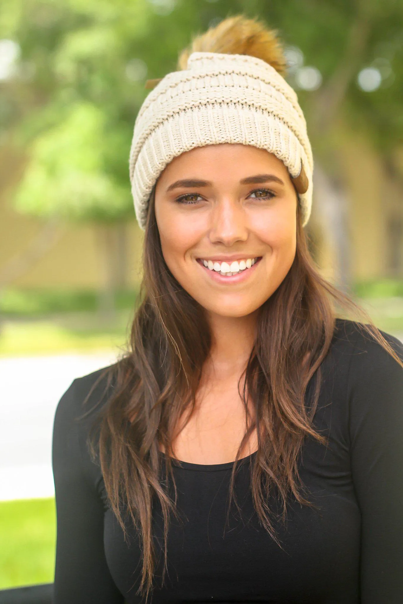 Beige Knit Beanie with Pom Pom