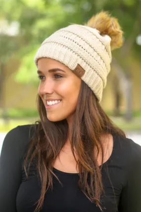 Beige Knit Beanie with Pom Pom