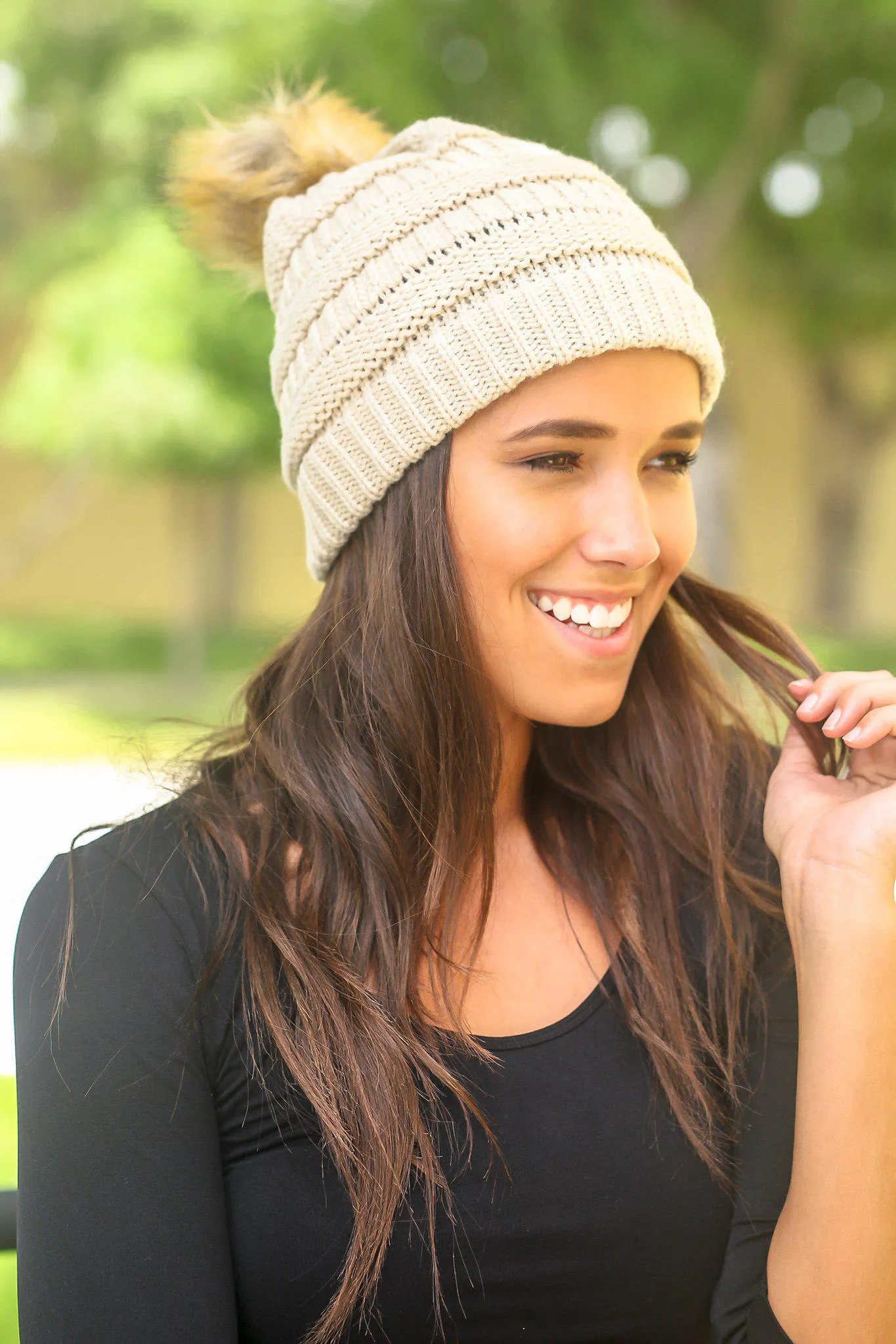 Beige Knit Beanie with Pom Pom