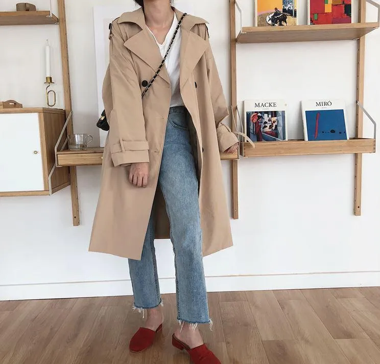 Beige Retro Double Breasted Long Trench Coat