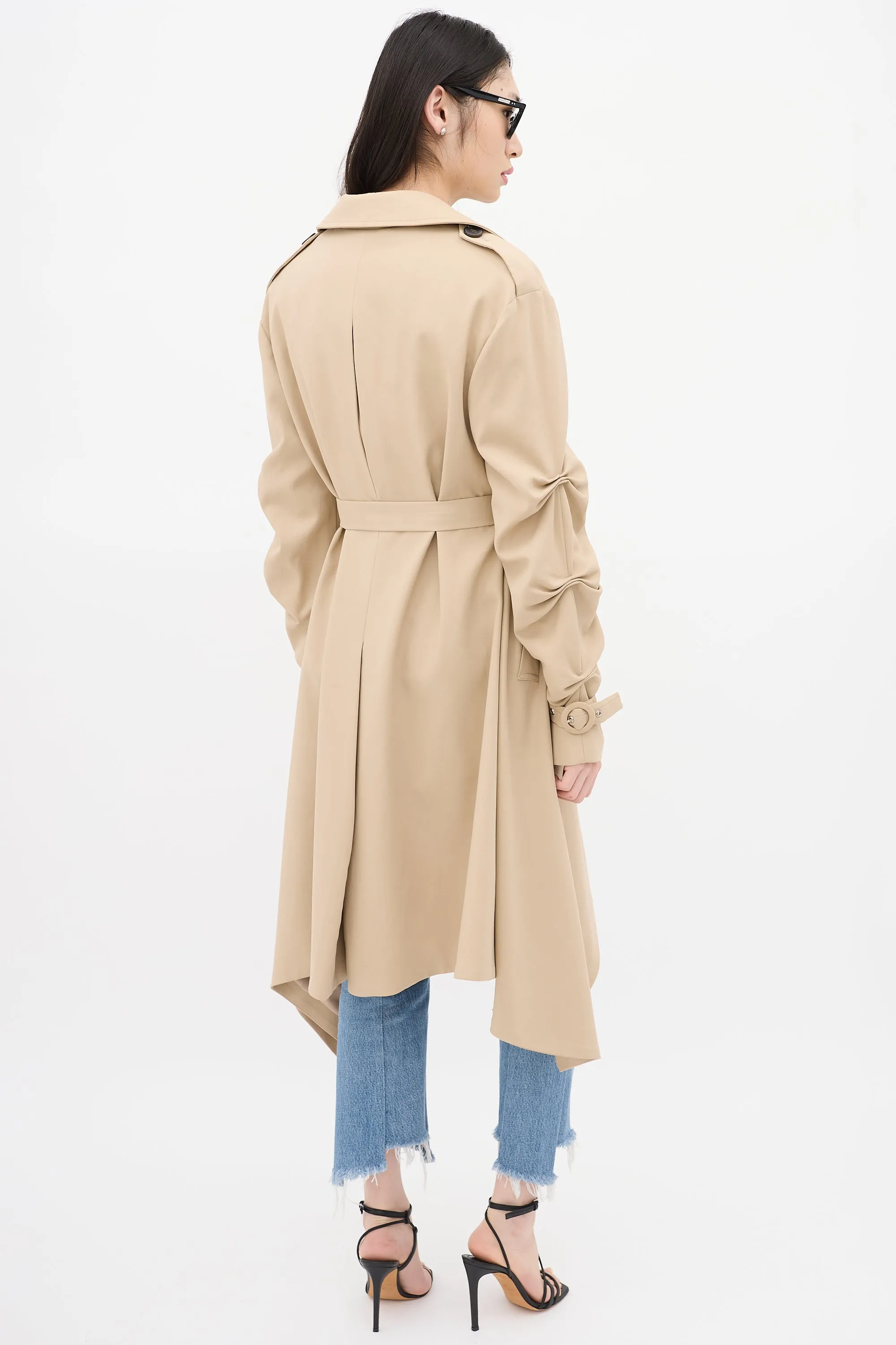 Beige Ruched Double Breasted Trench Coat