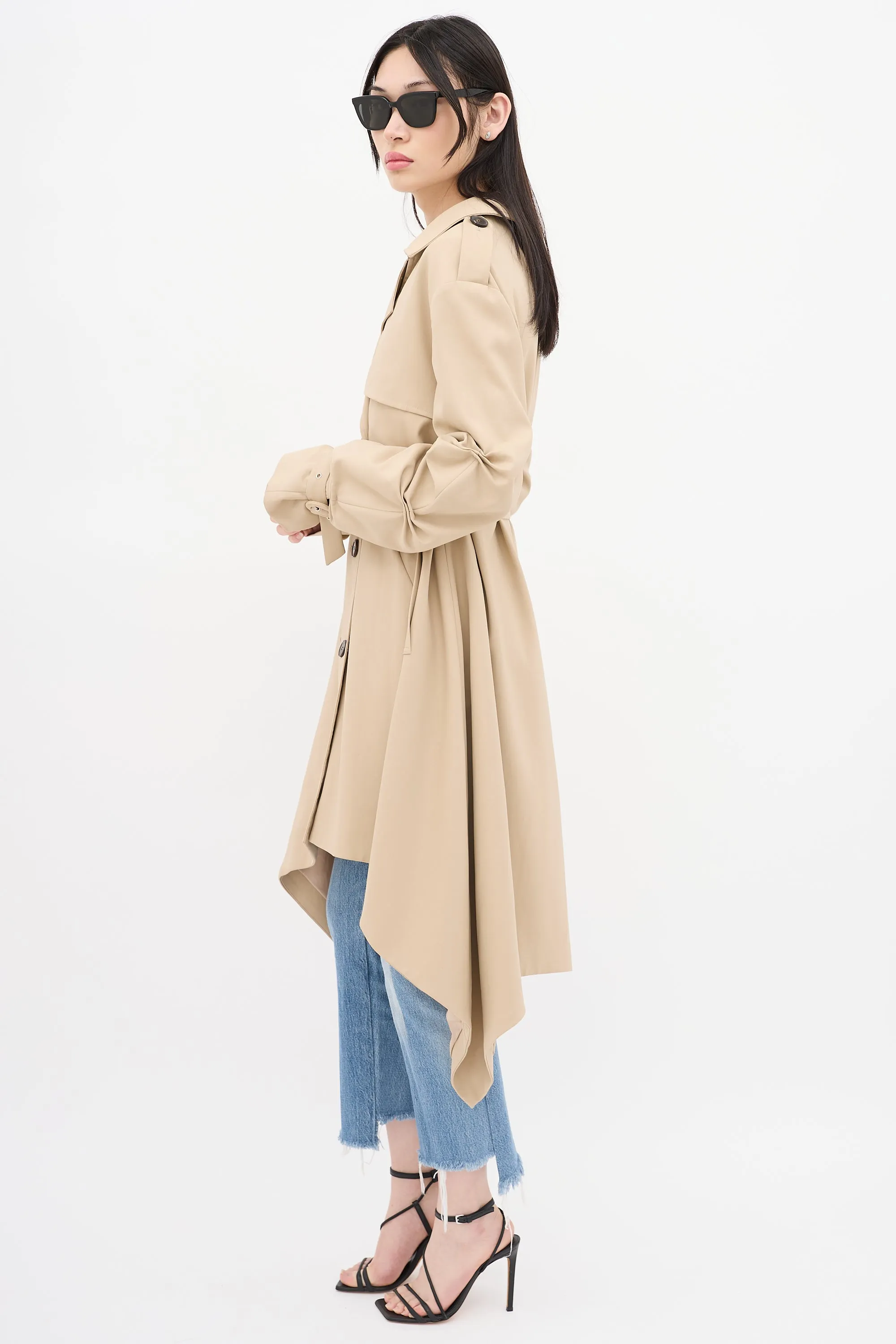 Beige Ruched Double Breasted Trench Coat