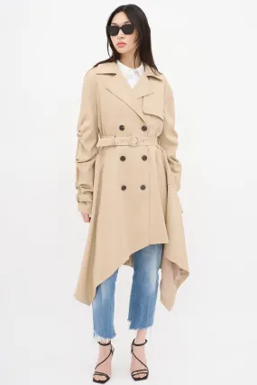 Beige Ruched Double Breasted Trench Coat