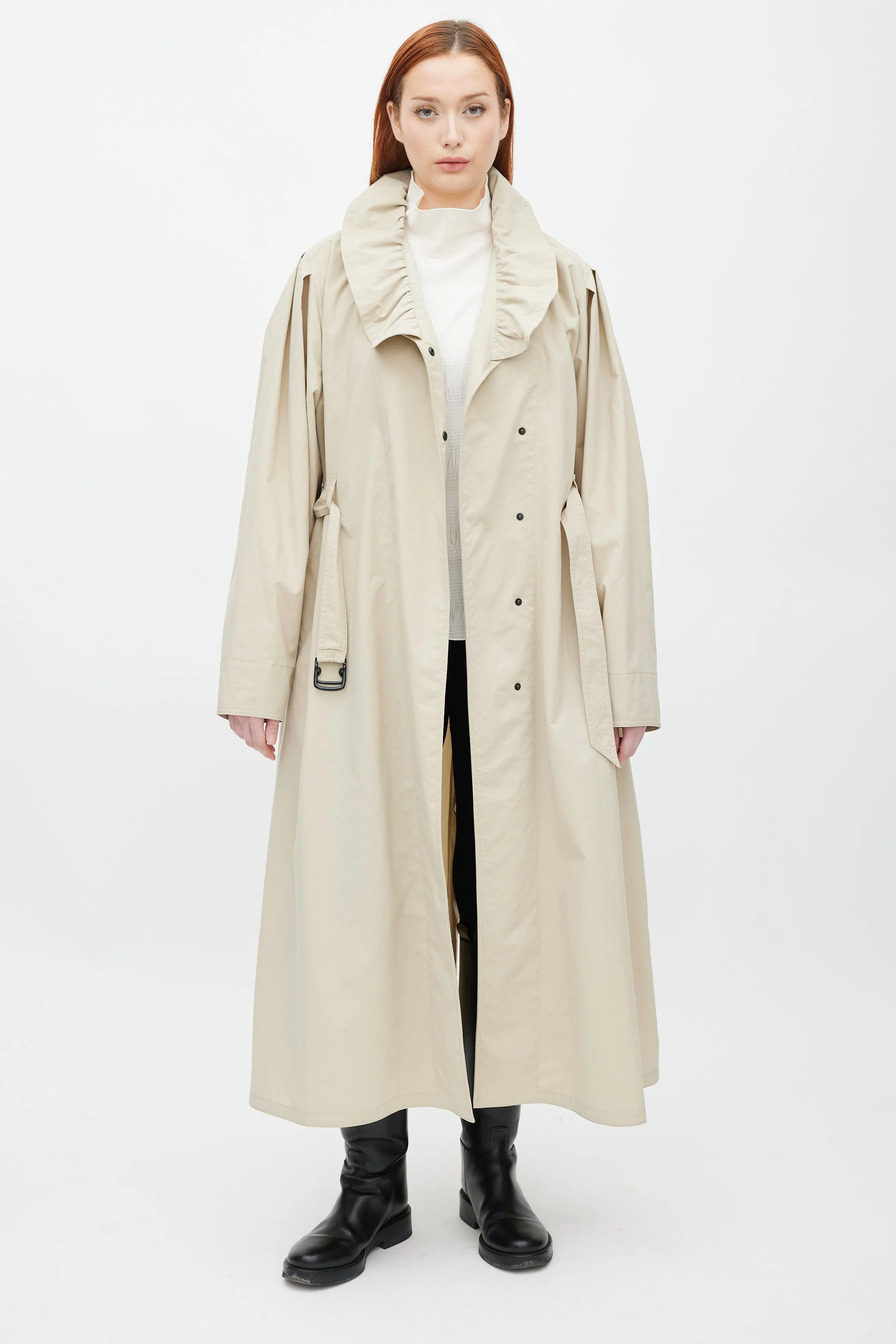 Beige Ruffle Dipanima Trench Coat