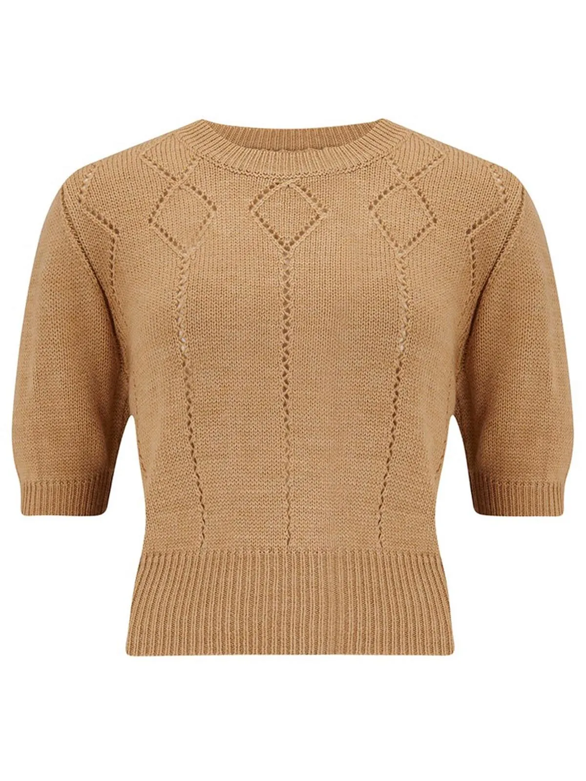 Biscuit Beige Vintage Style Cropped Diamond Knit Top