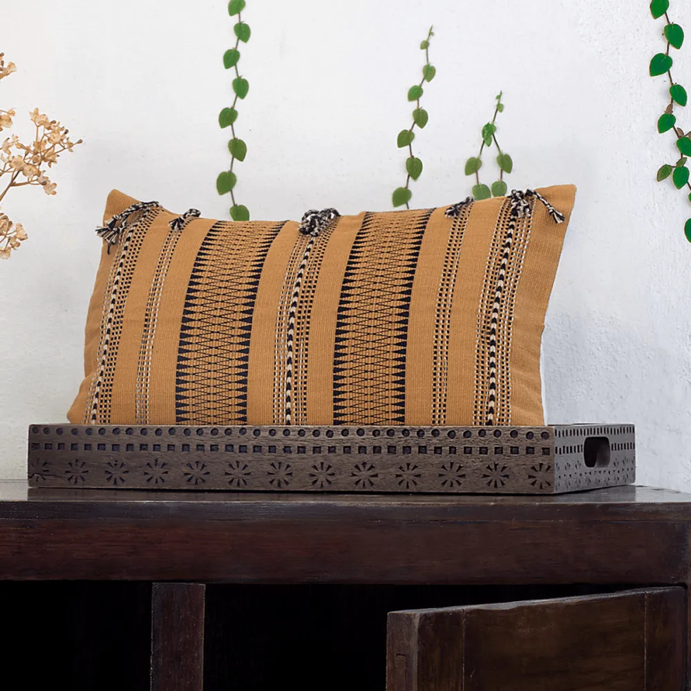 Black & Mustard Tasseled Rectangle Handwoven Cushion Cover