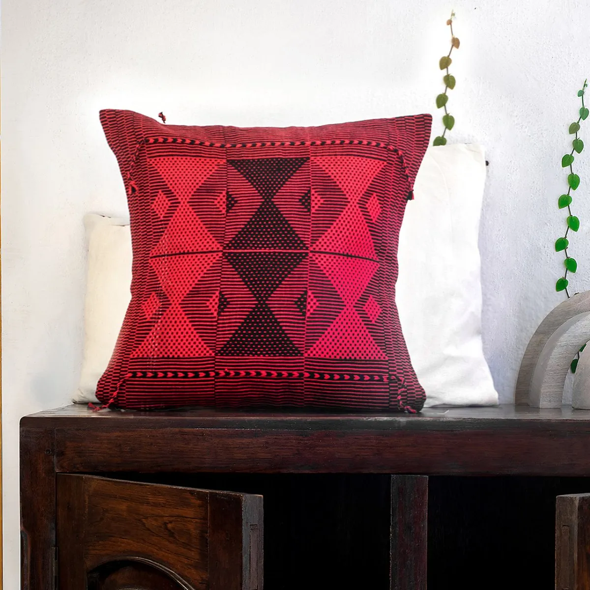 Black & Red Patterned Handwoven Cushion Cover