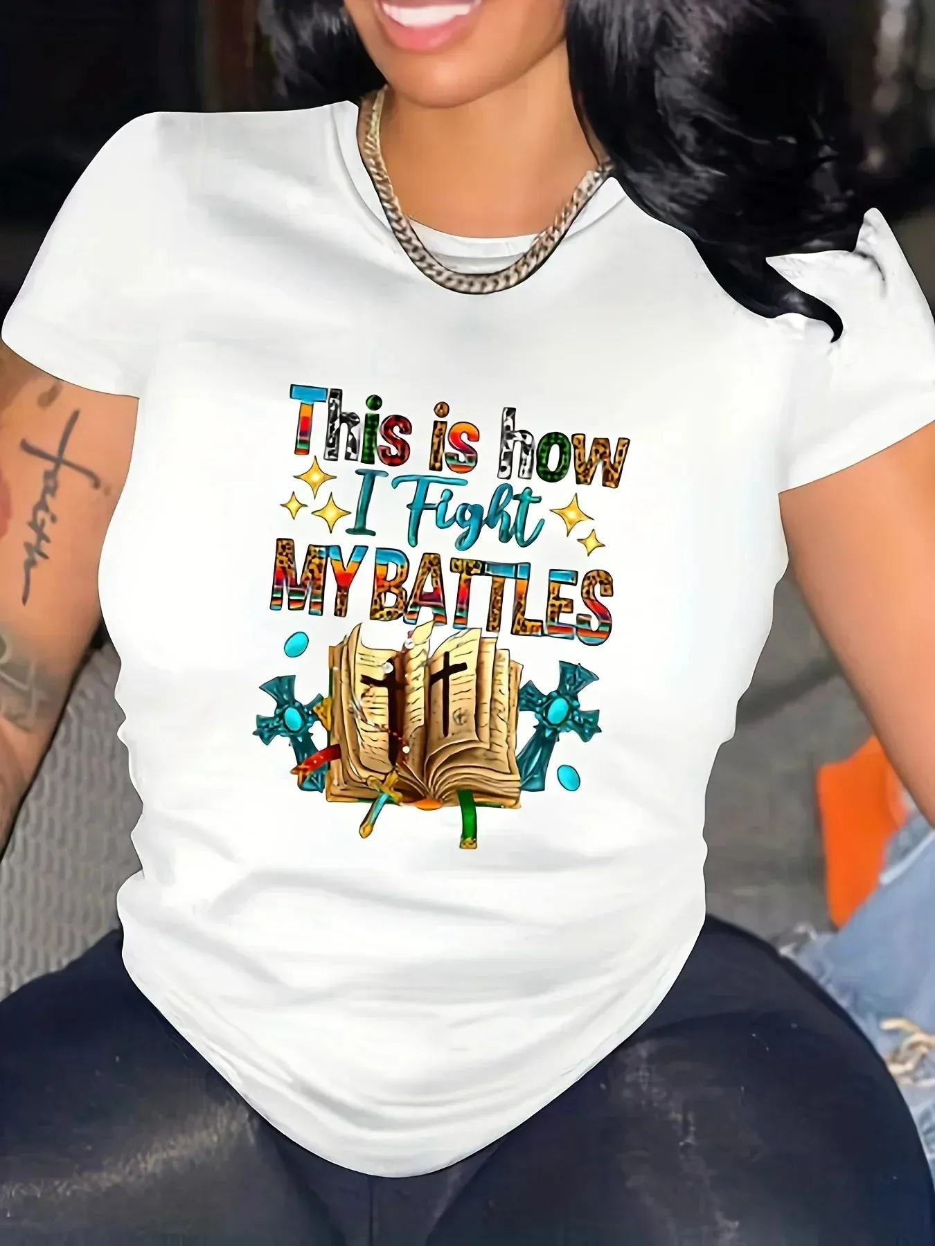 Black Battles Printed Tee - Fashion Crew Neck Top for Spring/Summer - Easy-Care & Comfort Stretch T-shirt