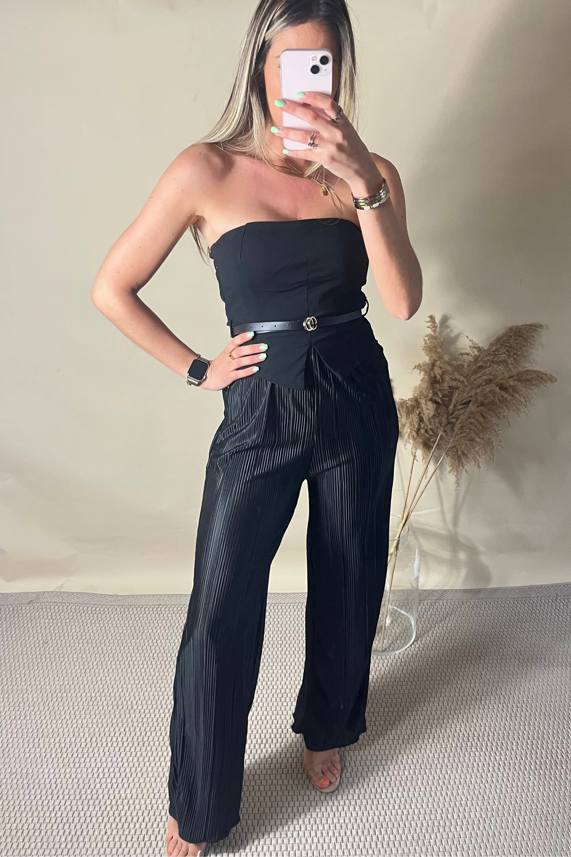 Black plisse belted jumpsuit