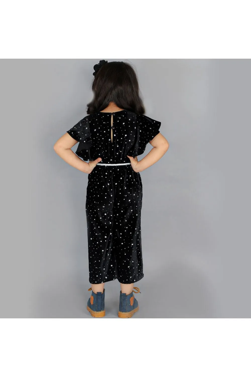 Black Star Printed Velvet Jumpsuit With Belt