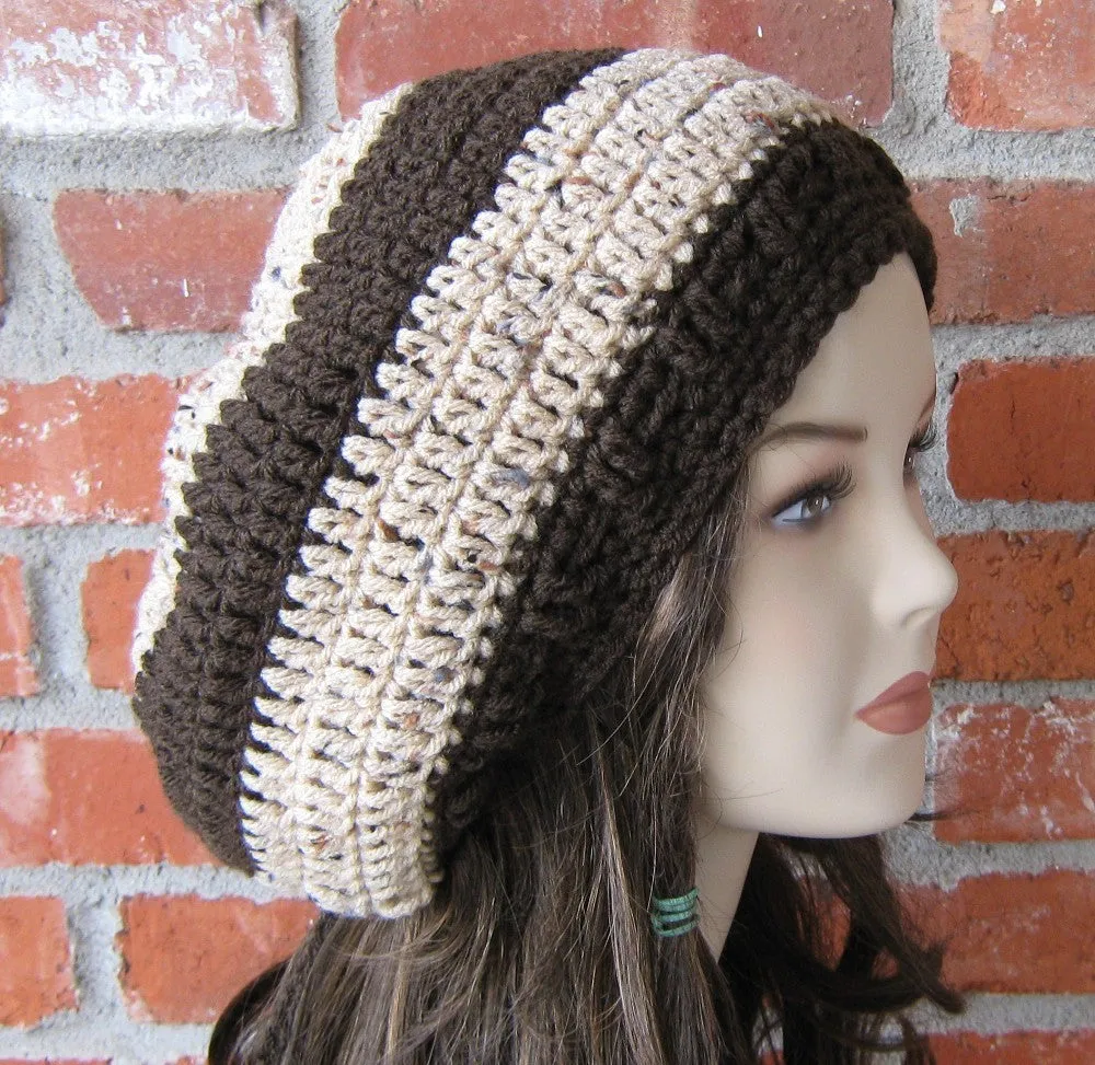 Brown Beige Tweed Hippie Dread Tam slouchy beanie hat handmade