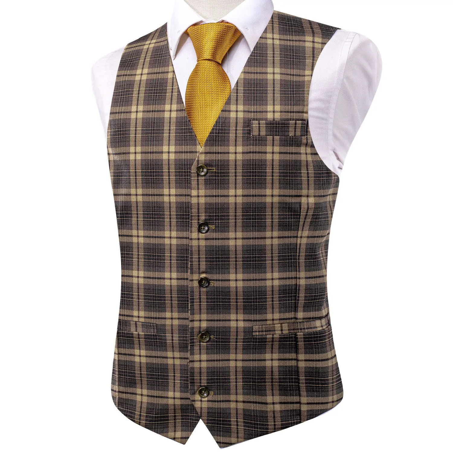 Brown Yellow Plaid Silk England Style Men's Single Vest Waistcoat