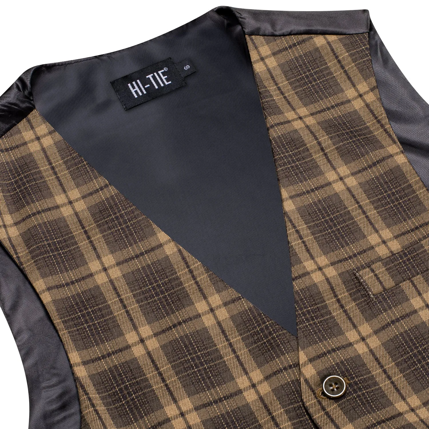 Brown Yellow Plaid Silk Men's Single Vest Waistcoat