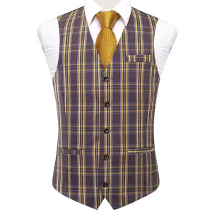 Brown Yellow Plaid Silk Men's Single Vest Waistcoat