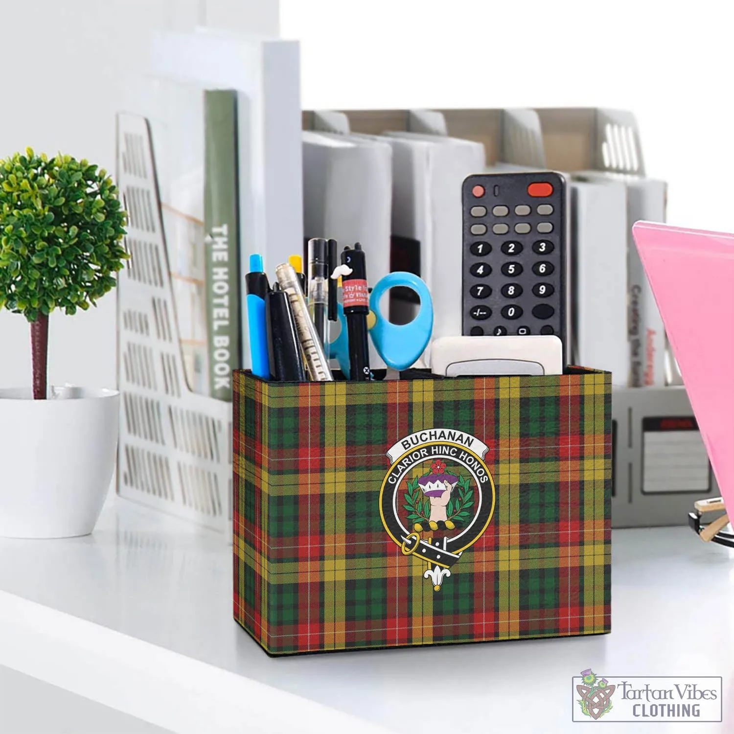 Buchanan Tartan Pen Holder with Family Crest