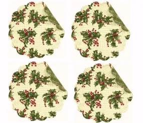 C & F Quilted Products April Cornell Christmas Holly Cream Quilted Round Reversible Placemat-Set of 4