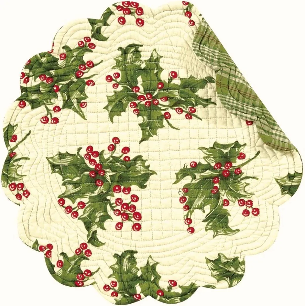 C & F Quilted Products April Cornell Christmas Holly Cream Quilted Round Reversible Placemat-Set of 6