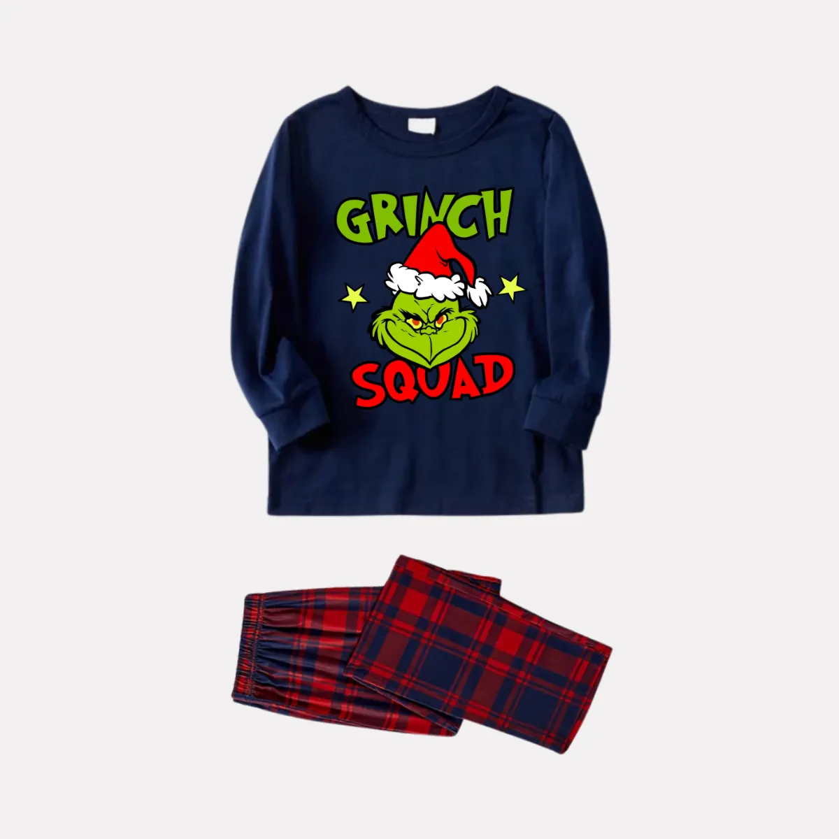 Christmas Cartoon Pattern and Letter Print Blue Long Sleeve Top with Red & Blue Plaid Family Matching Pajamas