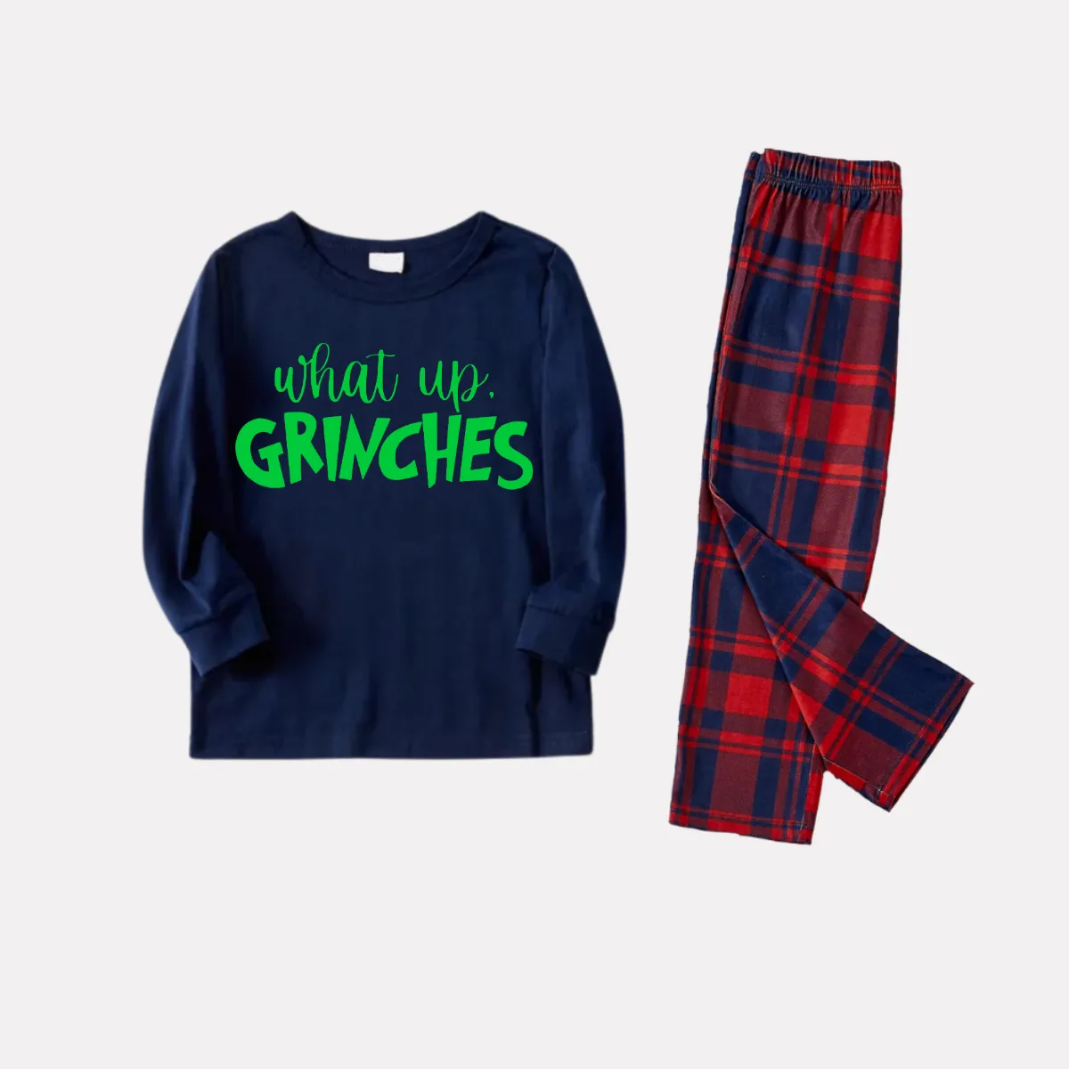 Christmas Letter Print Blue Long Sleeve Top with Red & Blue Plaid Family Matching Pajamas