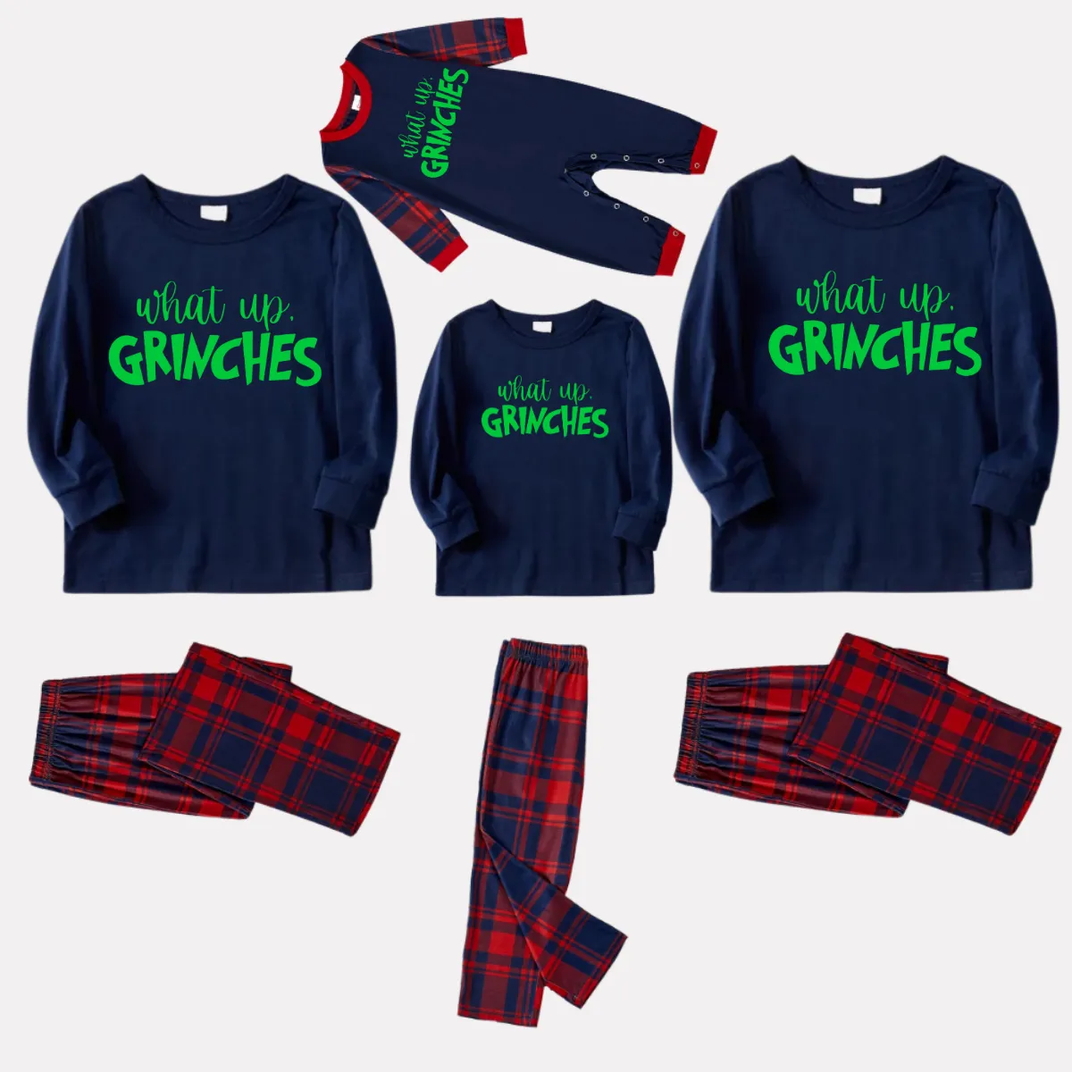 Christmas Letter Print Blue Long Sleeve Top with Red & Blue Plaid Family Matching Pajamas