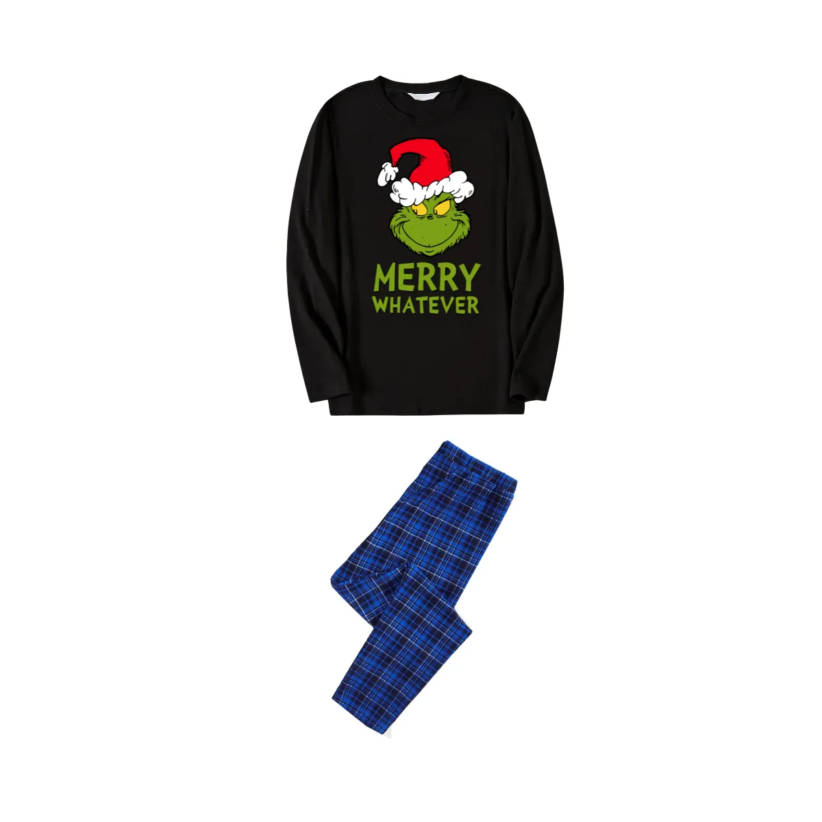 Christmas Matching Cartoon Face and Text Print Black Long Sleeve Top with Blue & Black Plaid Family Matching Pajamas