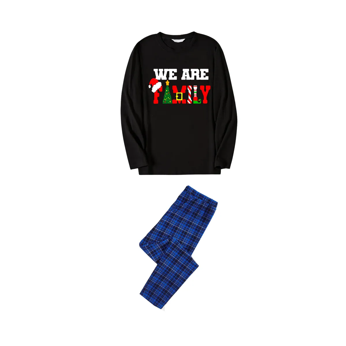 Christmas "We are Family" Text Print Black Long Sleeve Top with Blue & Black Plaid Family Matching Pajamas