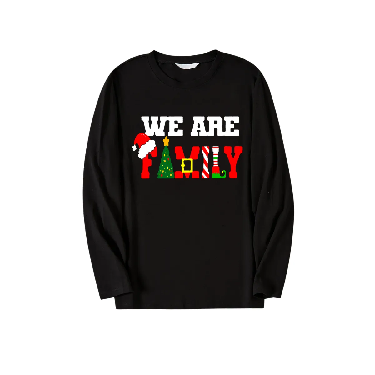 Christmas "We are Family" Text Print Black Long Sleeve Top with Blue & Black Plaid Family Matching Pajamas