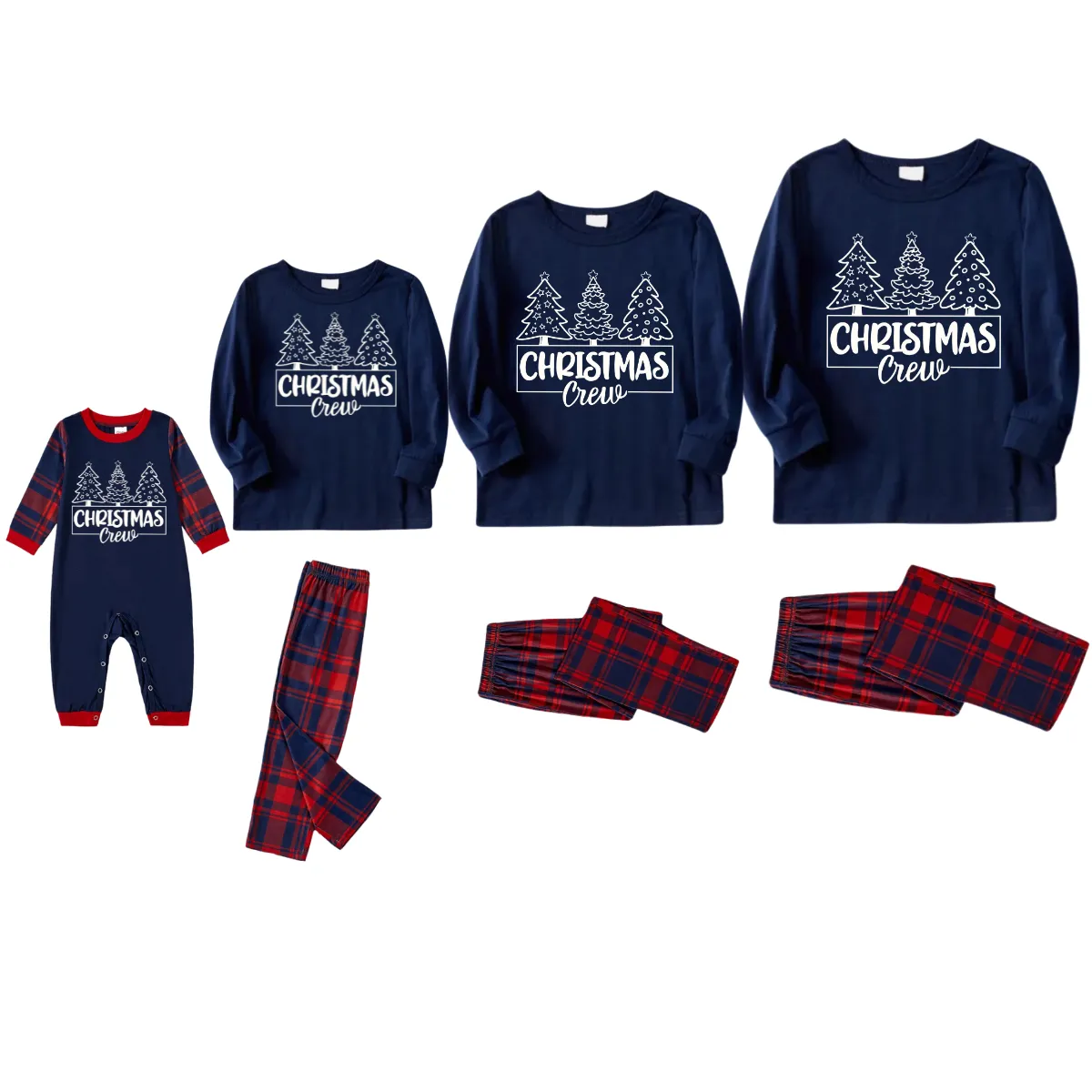 Christmas Tree and Text Print Blue Long Sleeve Top with Red & Blue Plaid Christmas Family Matching Pajamas