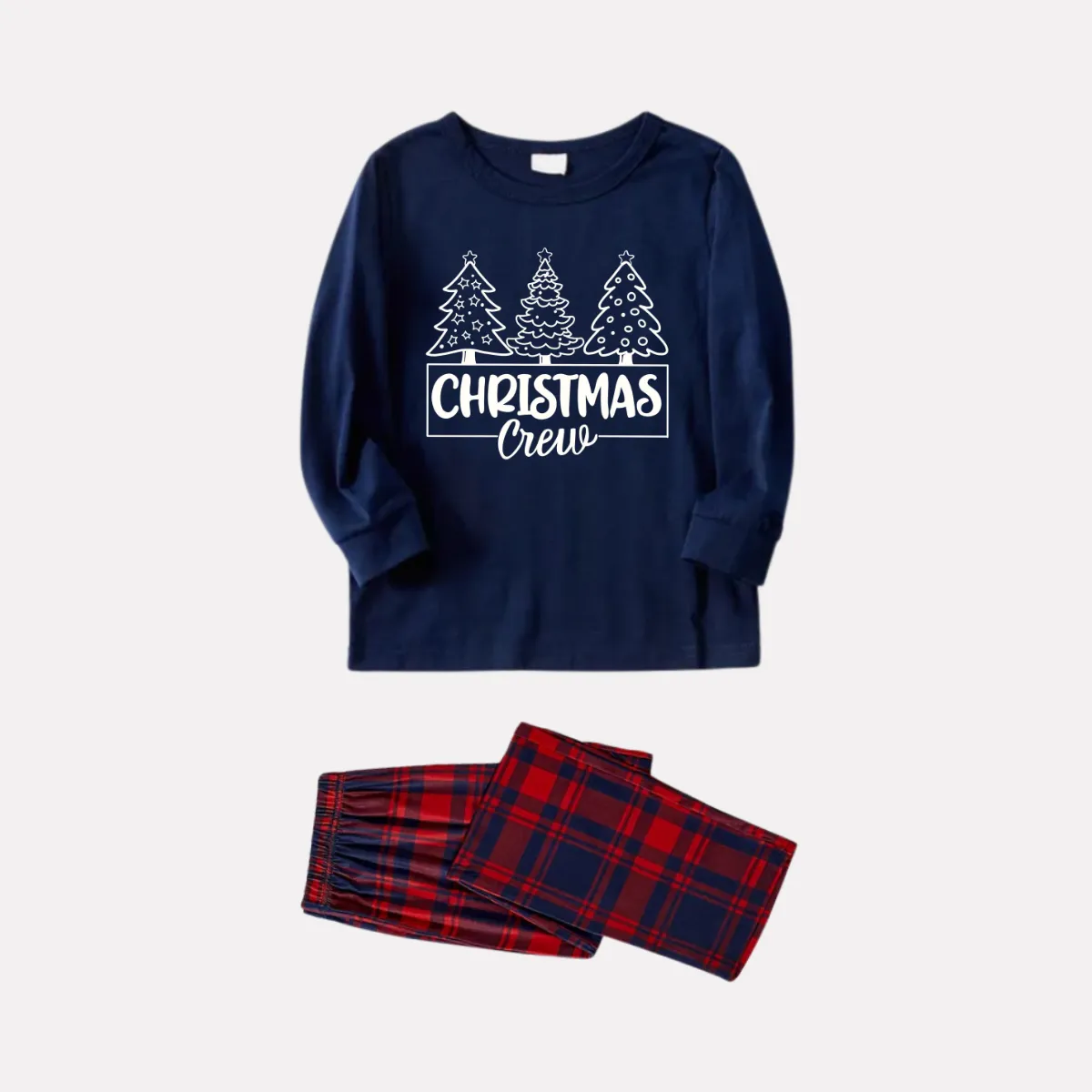 Christmas Tree and Text Print Blue Long Sleeve Top with Red & Blue Plaid Christmas Family Matching Pajamas