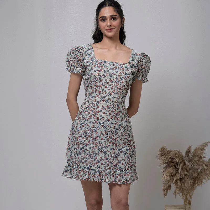 Cotton Dress For Women | Puff Sleevess | Square Neck | Blue