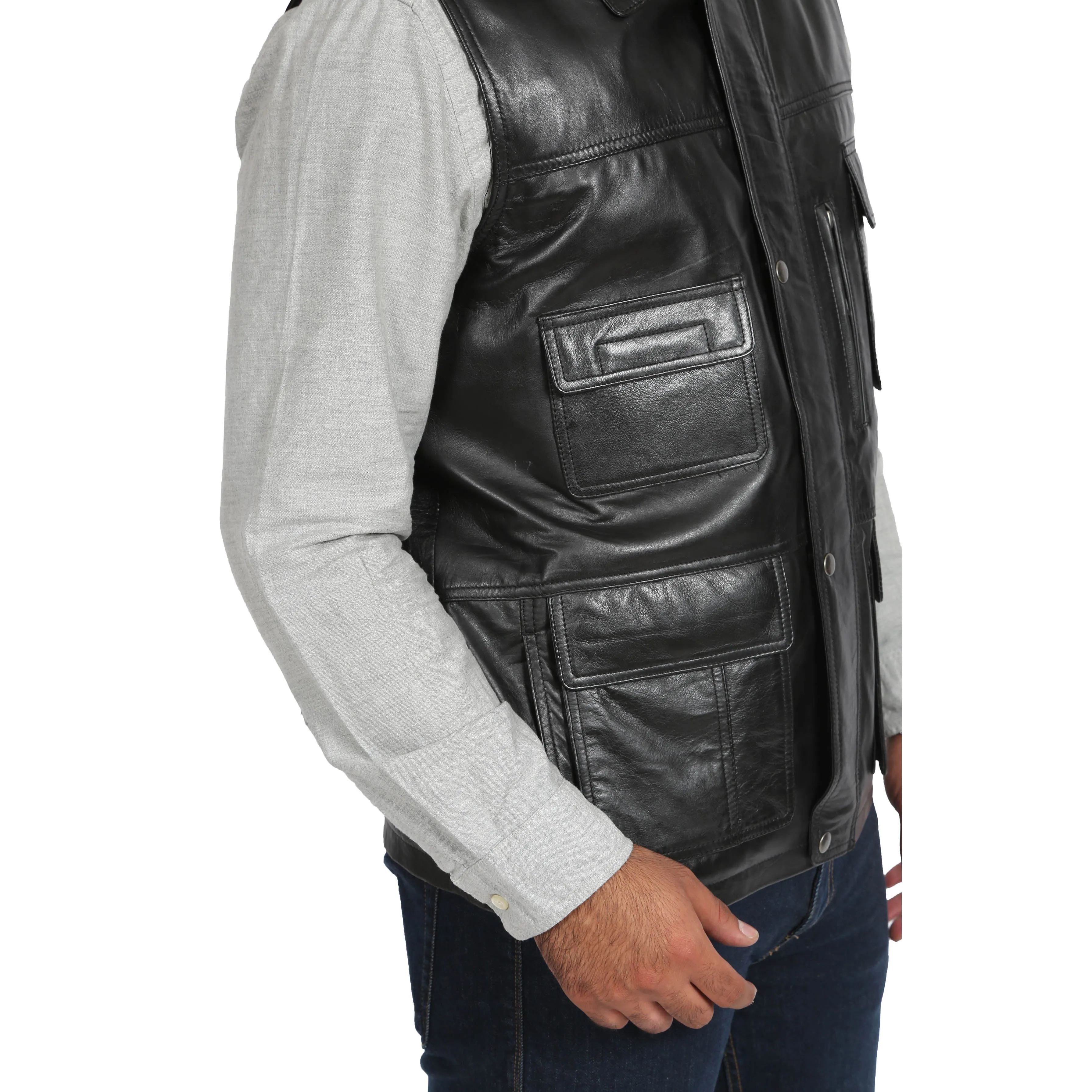 Countrymen Black Leather Waistcoat Multi Pockets Gilet Boyles