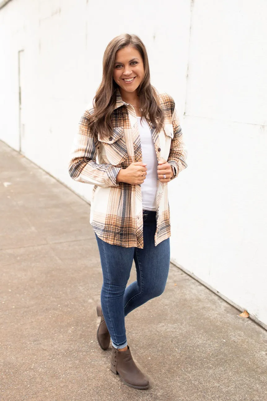 Cream Brown Black Plaid Oversized Fleece Shacket (SM-XL)