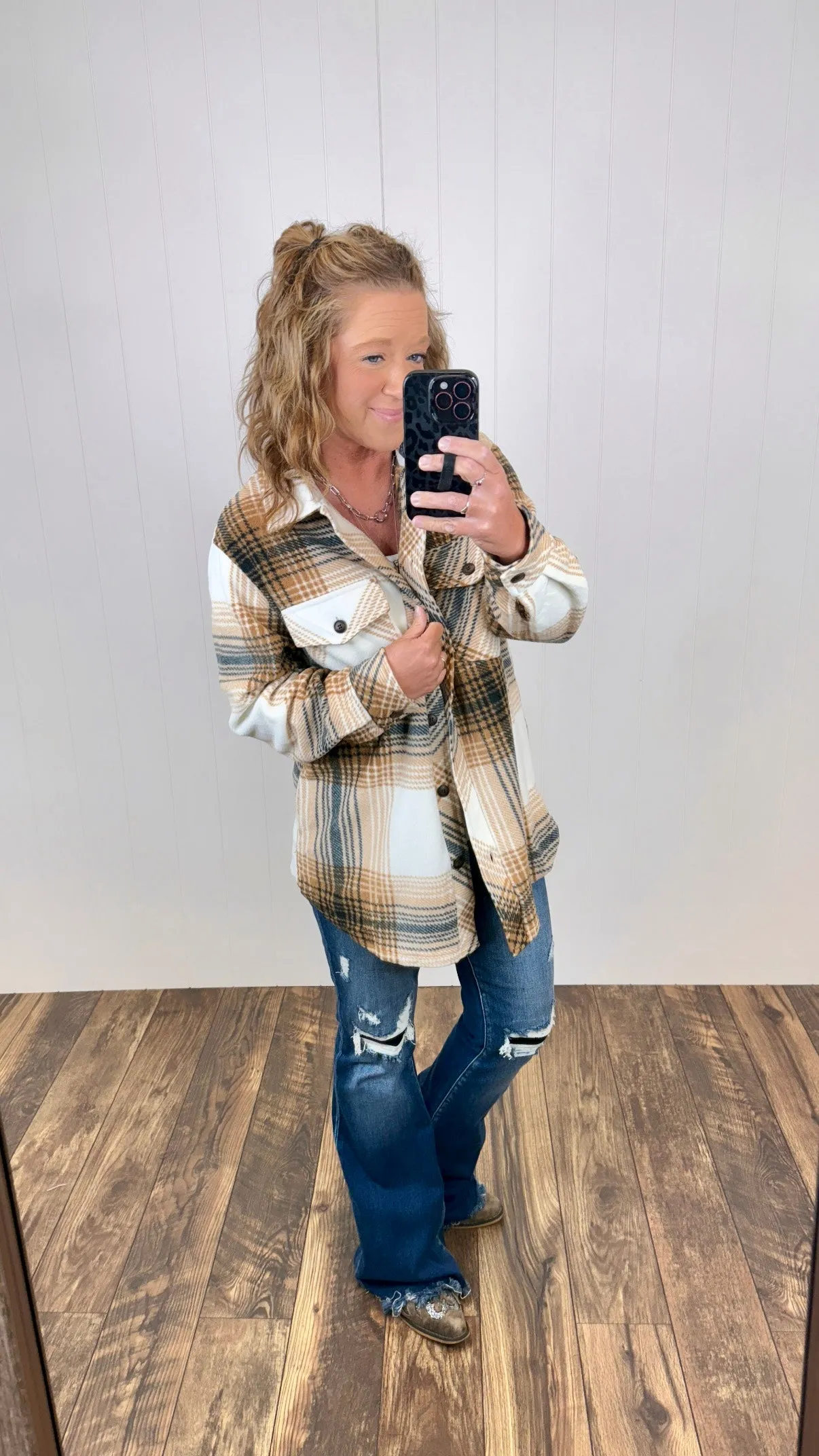 Cream Brown Black Plaid Oversized Fleece Shacket (SM-XL)