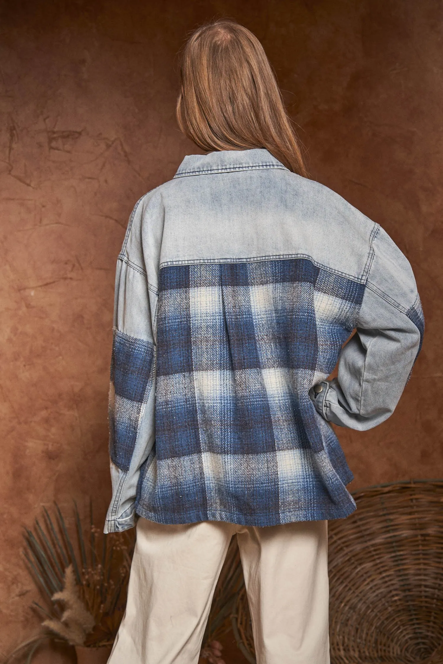 Davi & Dani Mix n Match Plaid and Denim Shacket in Light Denim